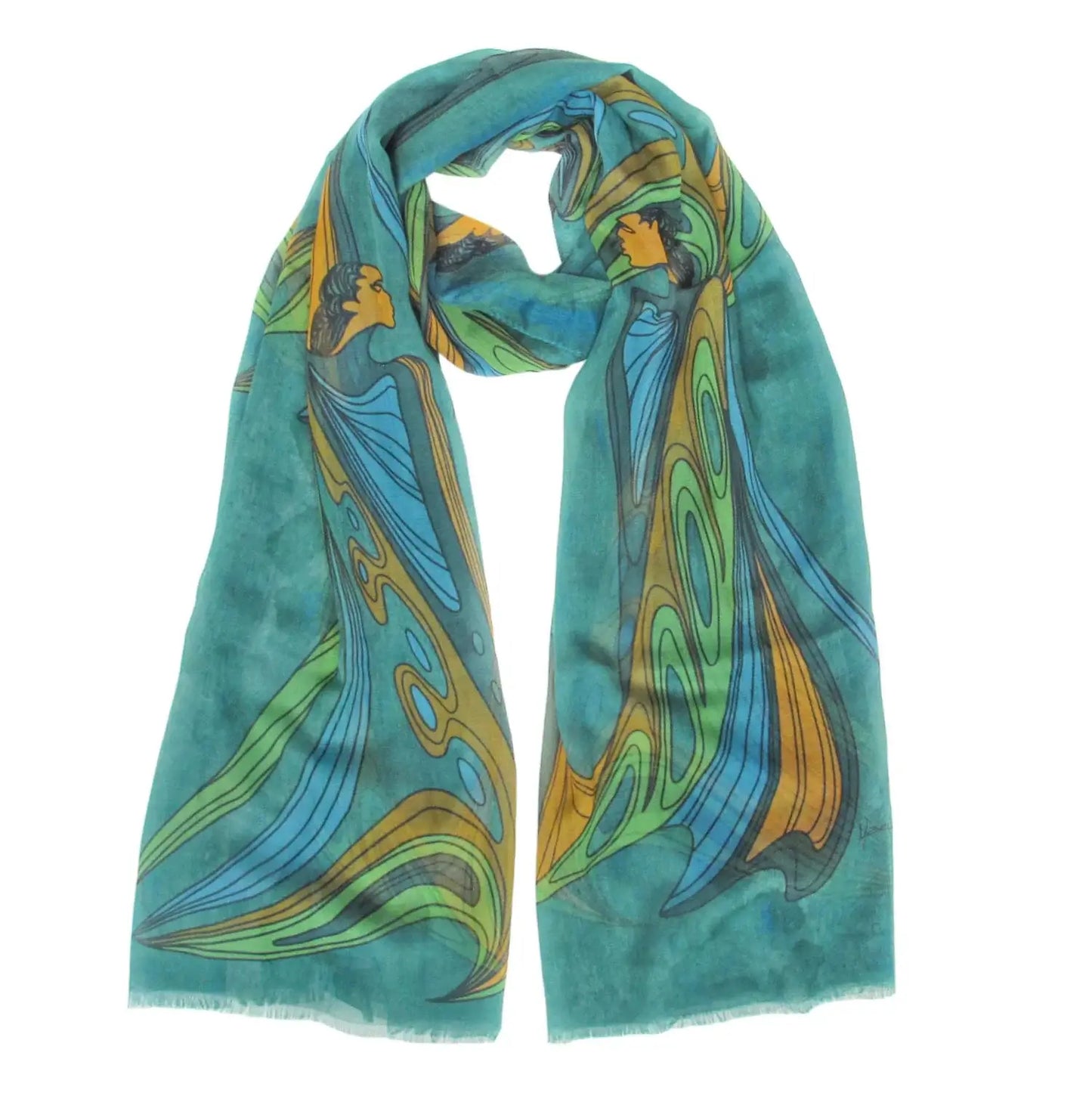 Friends eco-scarf with Indigenous art styled around mannequin neck