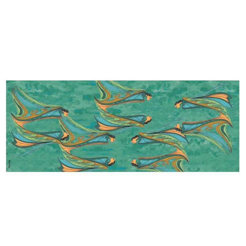 Friends eco-scarf folded flat in turquoise and green design
