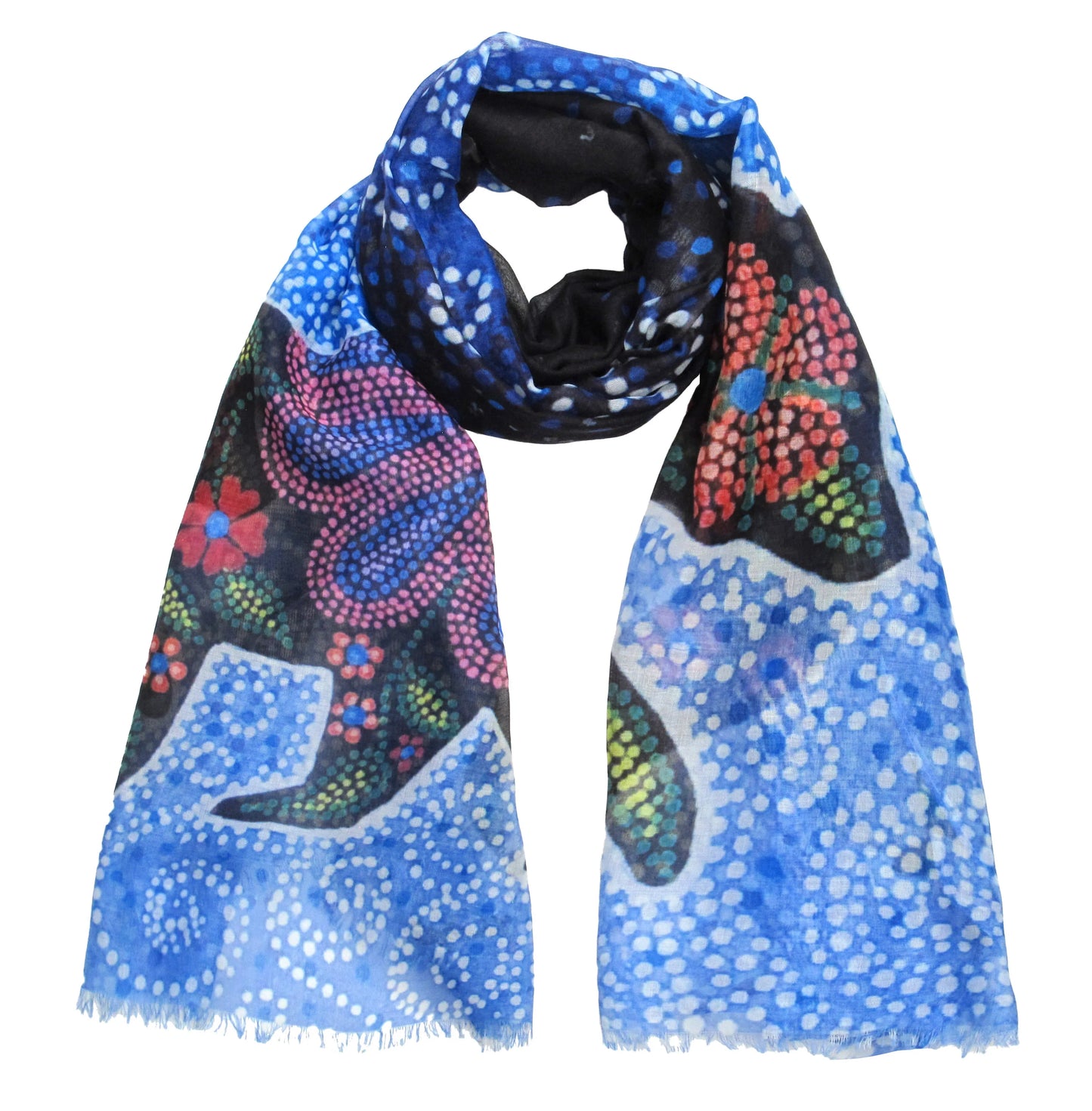 Celestial Bear Eco-Scarf showcasing Indigenous design by Mi’kmaw artist Kim McDonough with vibrant colors and patterns.