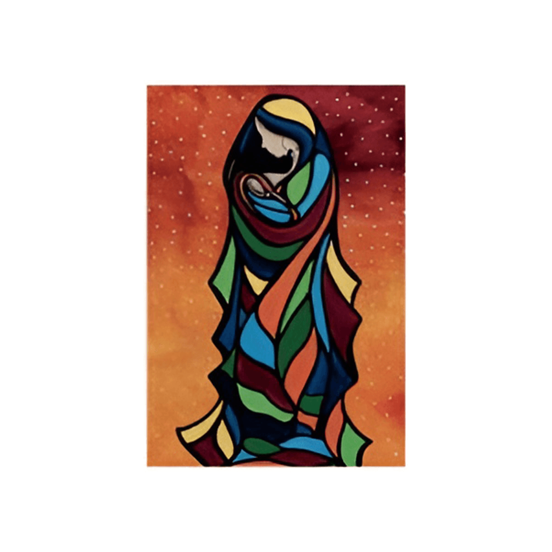 215 Note Card featuring artwork by Betty Albert, showcasing a colorful faceless figure.