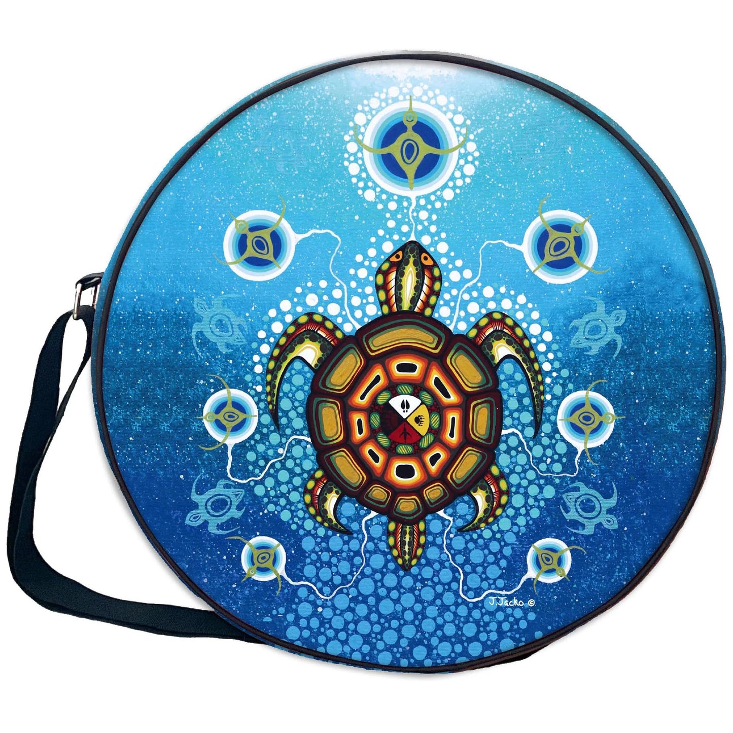 Medicine Turtle 21in Drum Bag featuring vibrant Indigenous artwork by James Jacko, showcasing a turtle design.