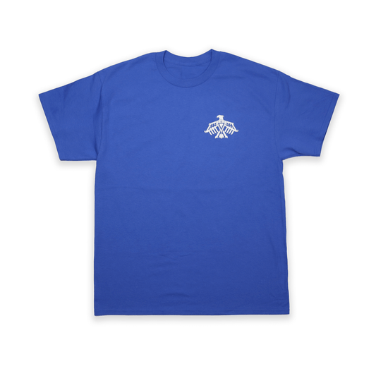 Blue Thunderbird Heritage Tee with white thunderbird design Indigenous heritage shirt