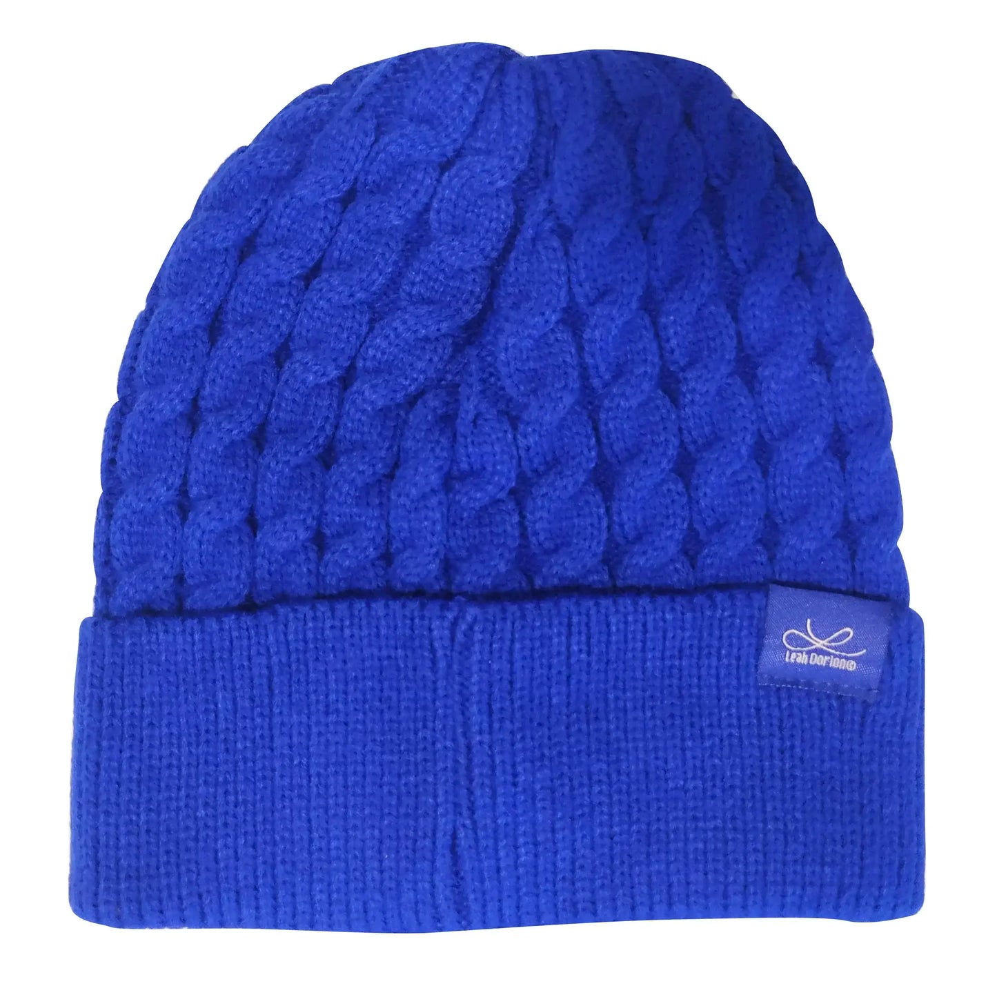 Breath of Life Embroidered Knitted Hat in vibrant blue, featuring textured cable knit design and logo patch.