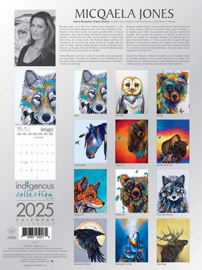 Inside preview of Micqaela Jones 2025 calendar showing monthly designs