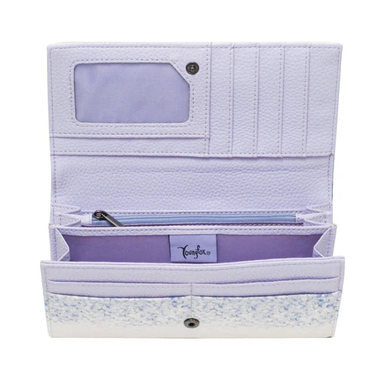 Open purple wallet with floral pattern on a white background
