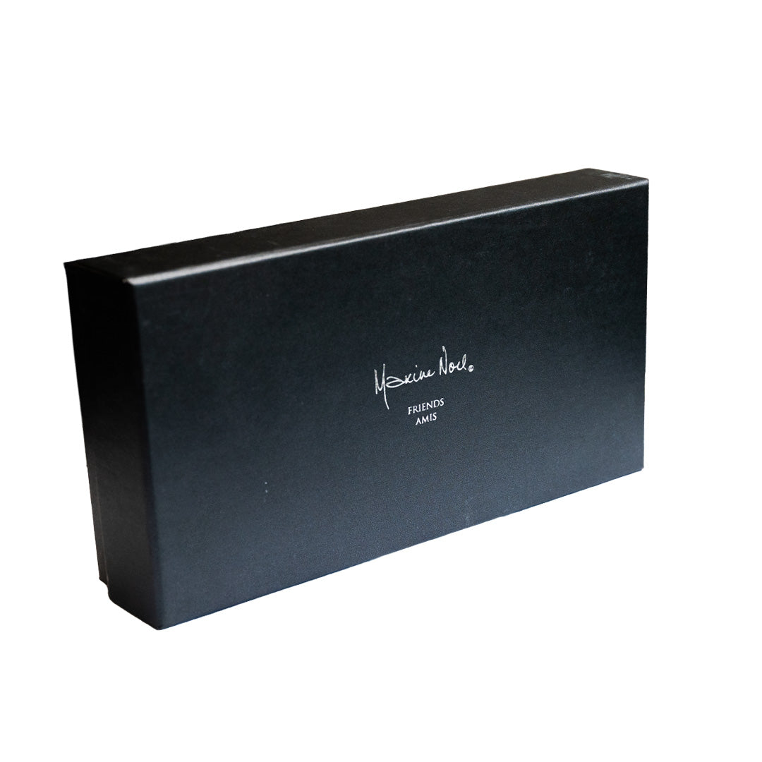 Black rectangular box with a brand name on a white background