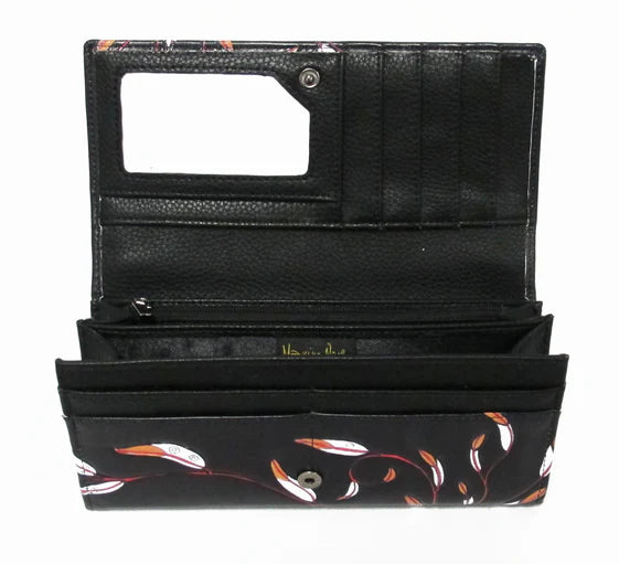 Black wallet with floral pattern on a white background