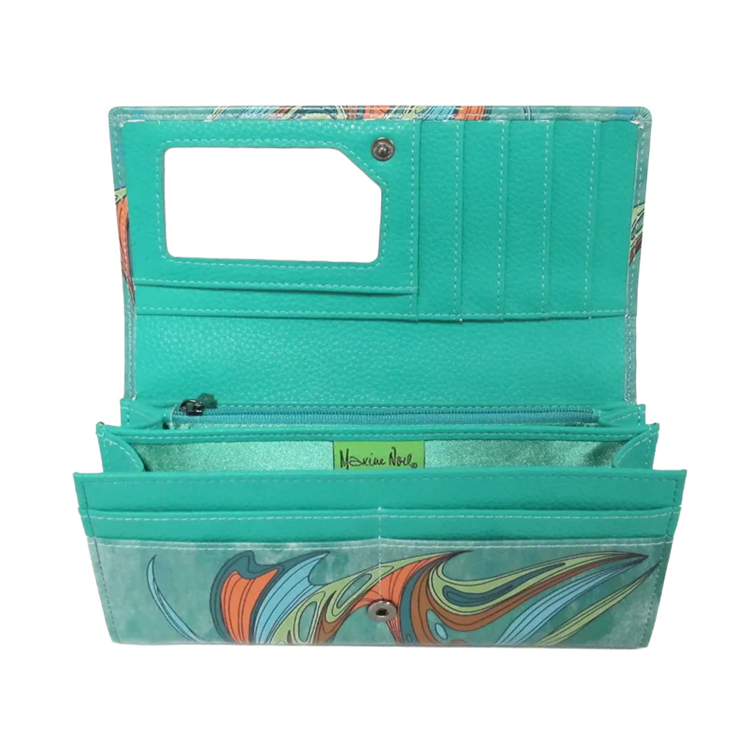 Open teal wallet with colorful interior design on a white background