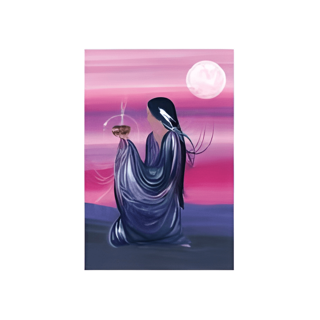 October Moon Note Card featuring Cree artist Betty Albert's faceless figure against a pink moonlit background.