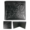 Raven Box embossed black leather wallet with Indigenous artwork front view