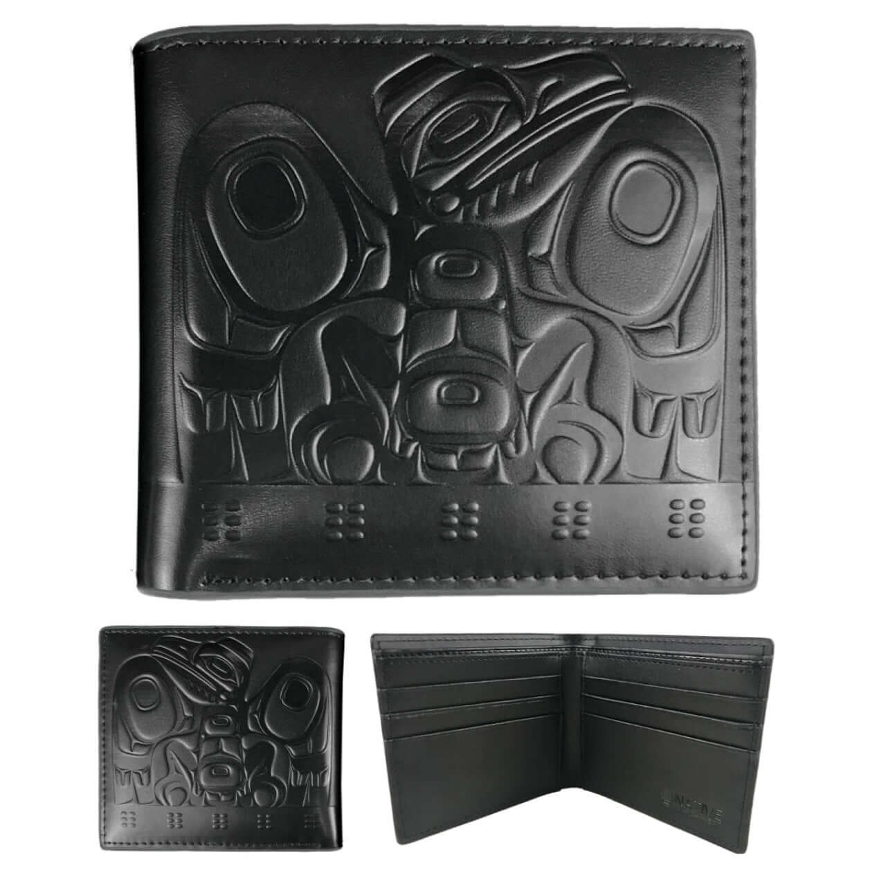 Raven Box embossed black leather wallet with Indigenous artwork front view