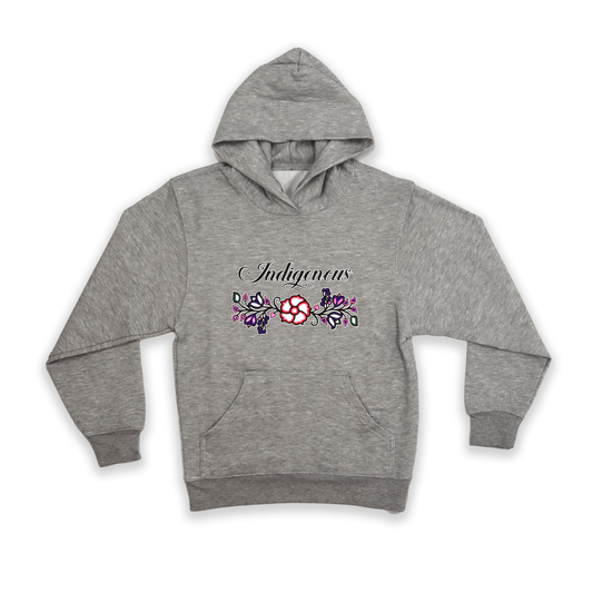 Grey Indigenous Floral Youth Hoodie with pink and white floral design front view