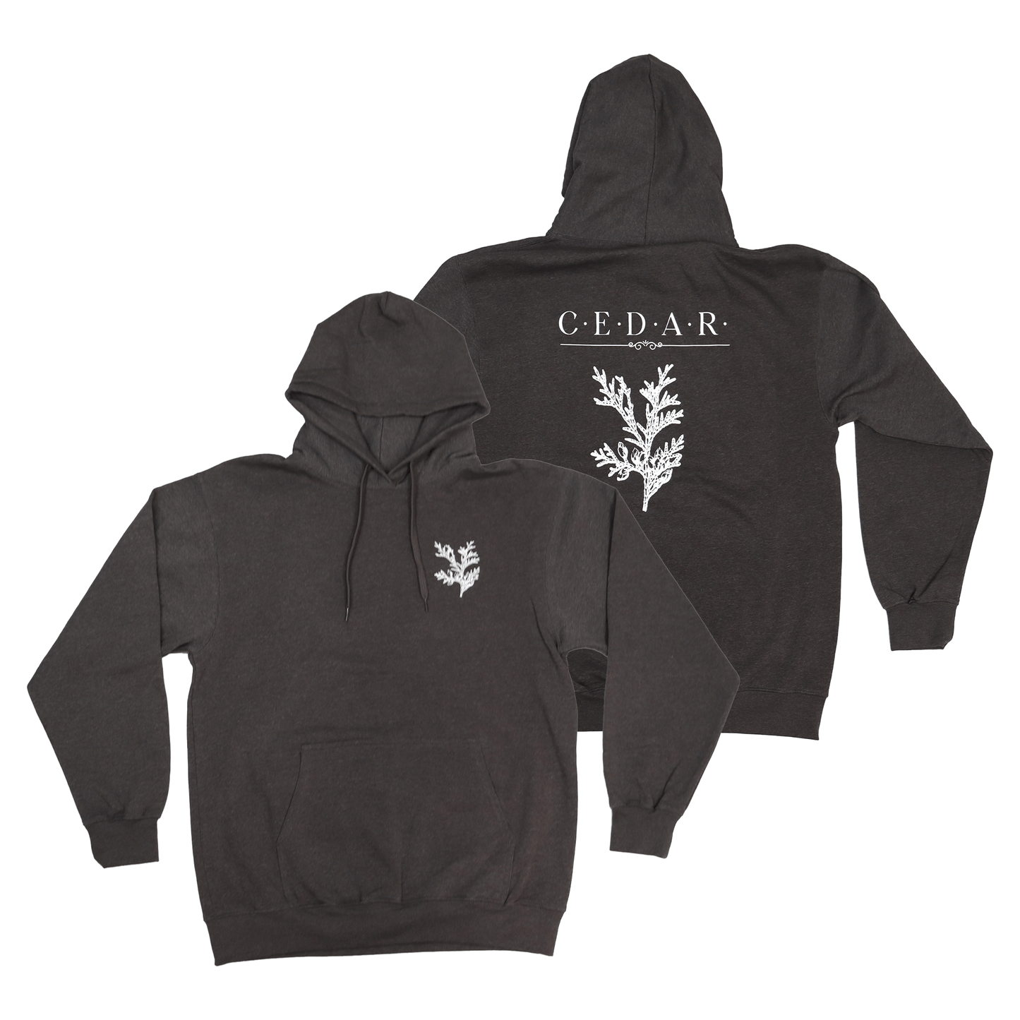 A black hoodie with the word 'CEDAR' printed on the back and a branch-like design. The hoodie is displayed in a front and back view.