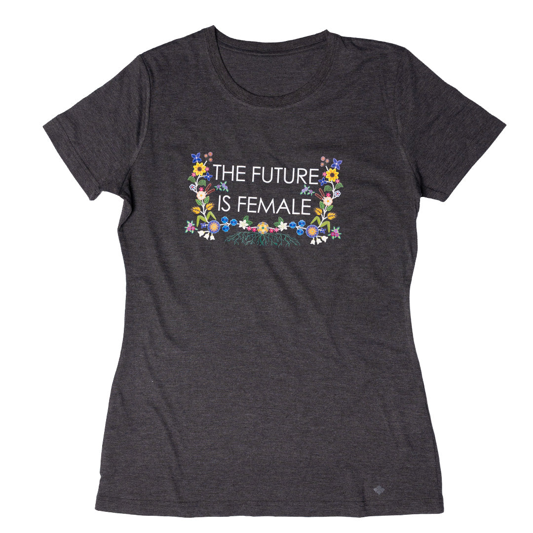 Future is Female Ladies Tee featuring a floral design celebrating female empowerment on a dark shirt.