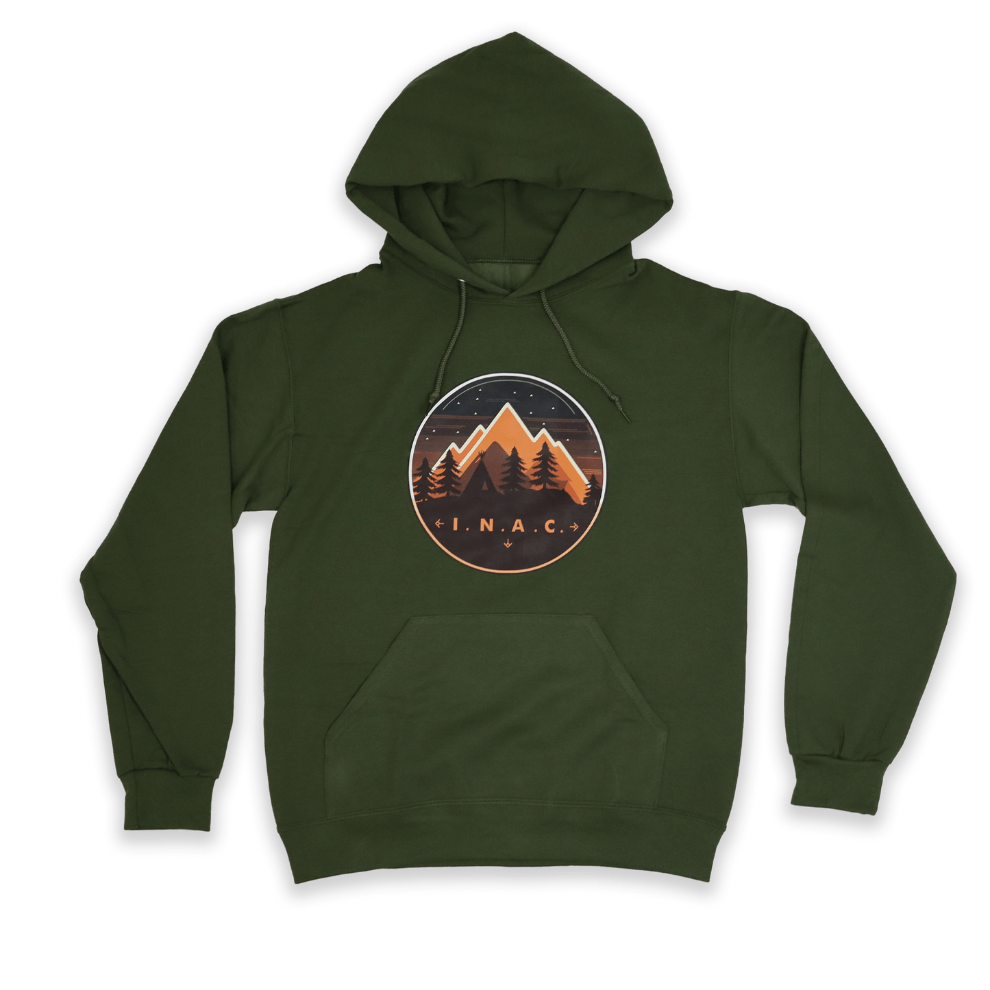 Green INAC Camping Hoodie with circular campfire-inspired artwork flat lay front