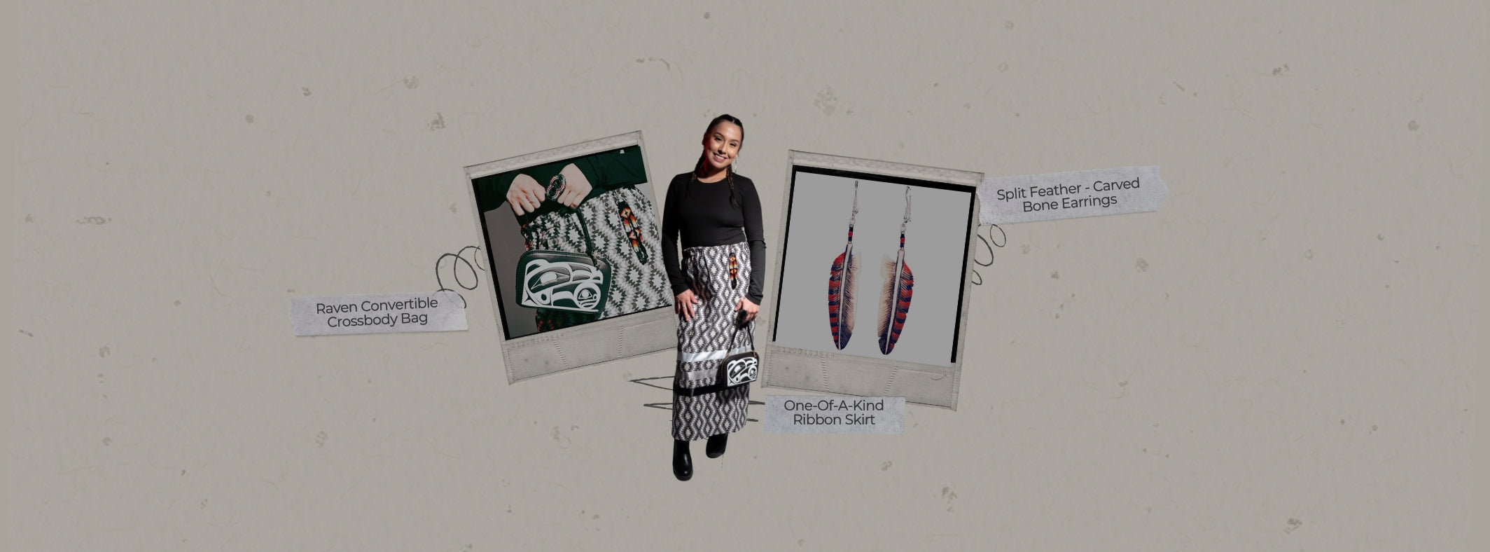 Model wearing Indigenous-inspired ribbon skirt, Raven bag, and feather earrings by INAC.