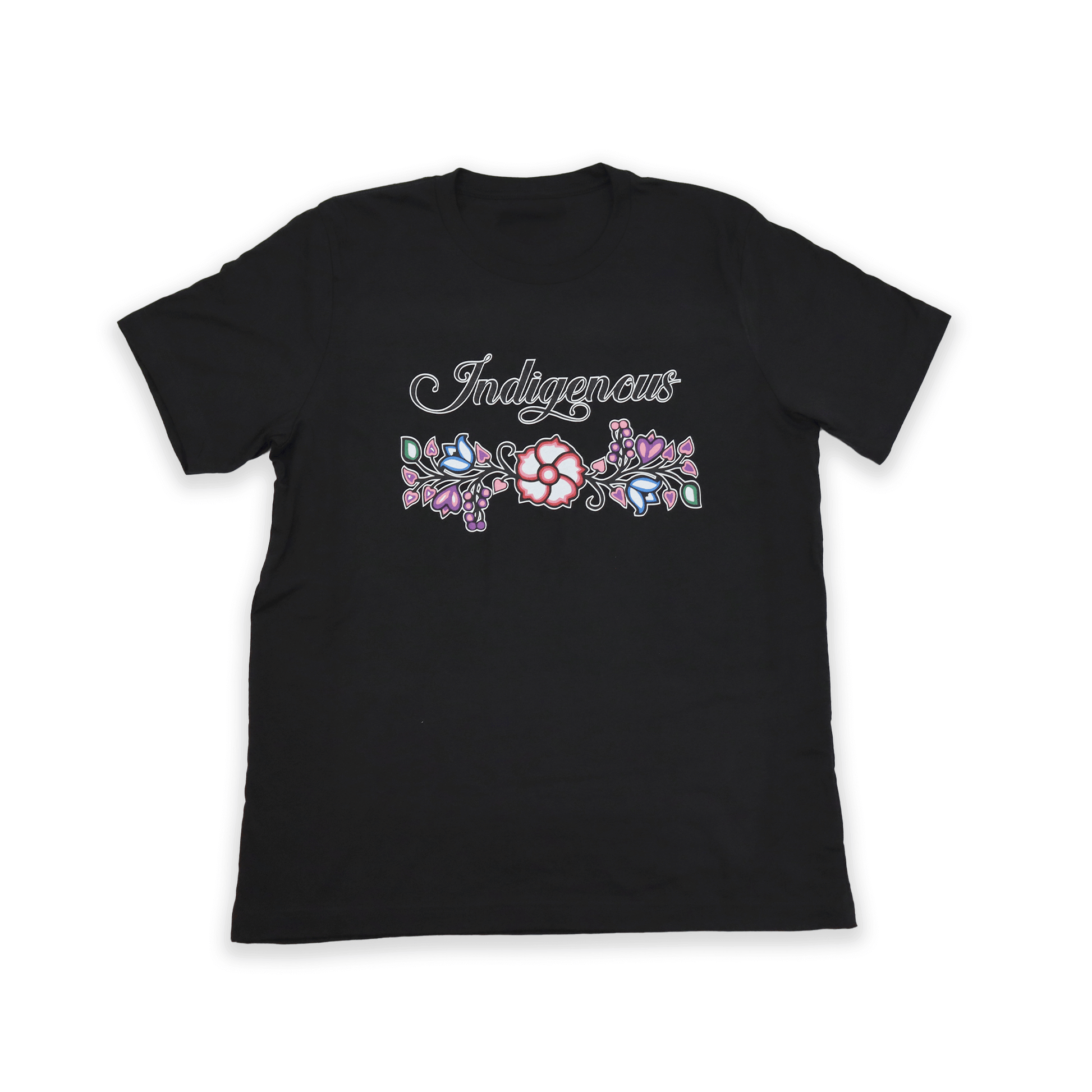 Black Indigenous Floral Tee with embroidered floral chest design front view
