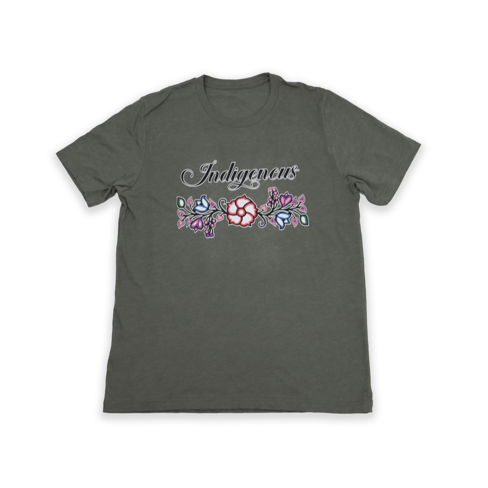 Olive Indigenous Floral Tee with Indigenous floral embroidery flat lay front