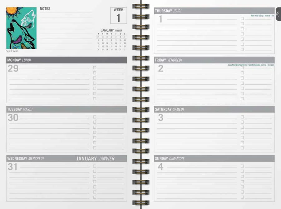 Infinity 2026 Weekly Planner open layout featuring weekly schedule and colorful artwork.