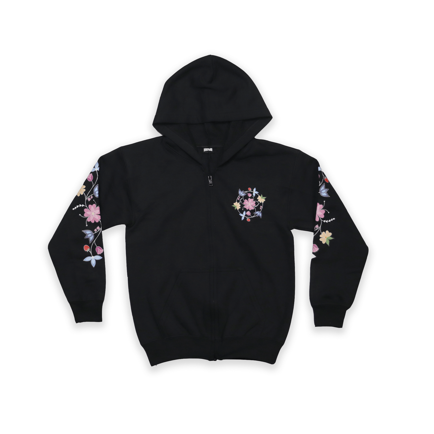 Black McPhee Floral Youth Zip-Up Hoodie with Indigenous floral artwork back view