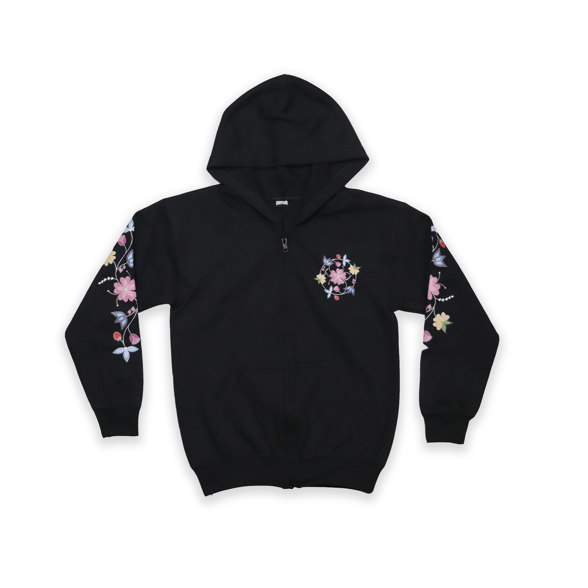 Black McPhee Floral Youth Zip-Up Hoodie with Indigenous floral artwork back view