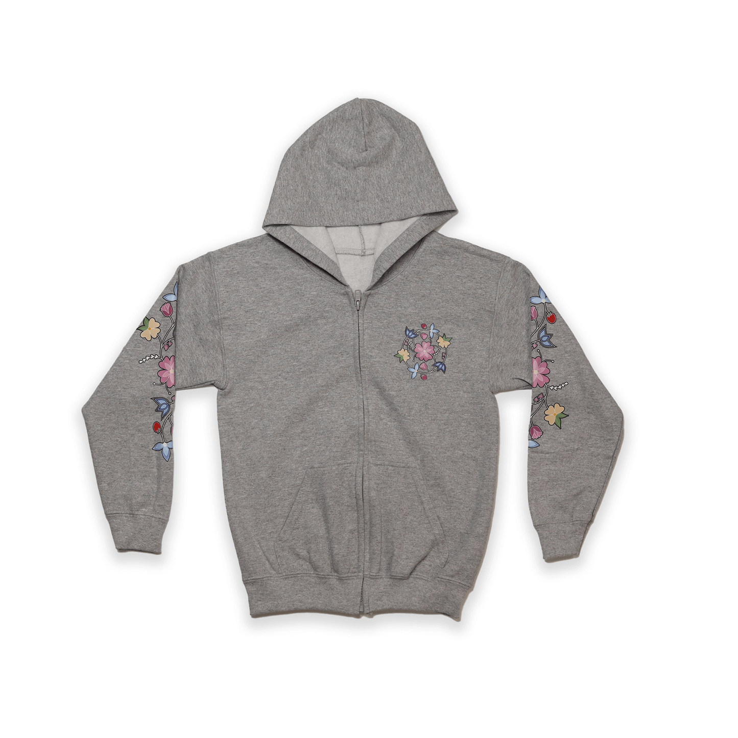 Grey McPhee Floral Youth Zip-Up Hoodie with Indigenous floral design front view
