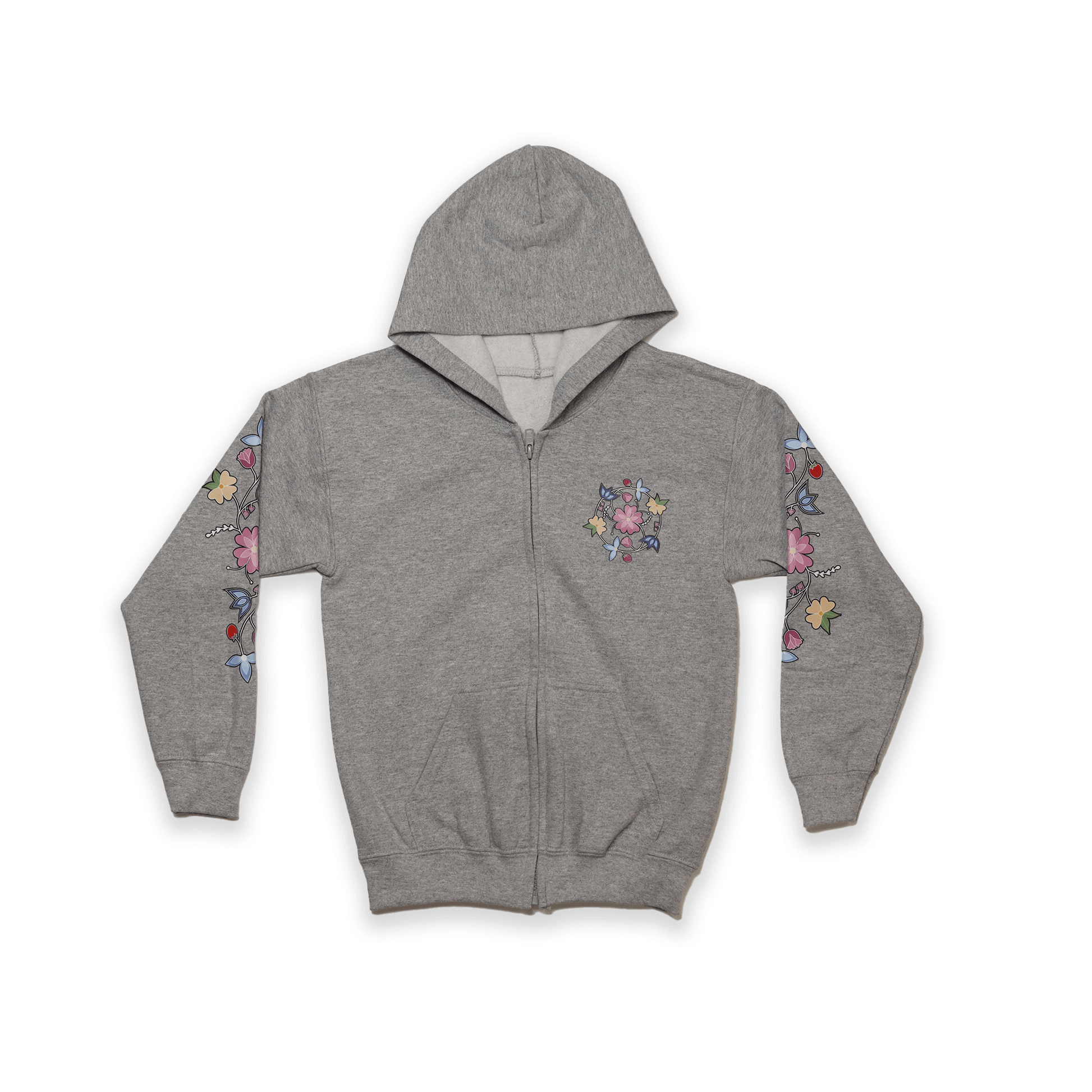 Grey McPhee Floral Youth Zip-Up Hoodie with Indigenous floral design front view