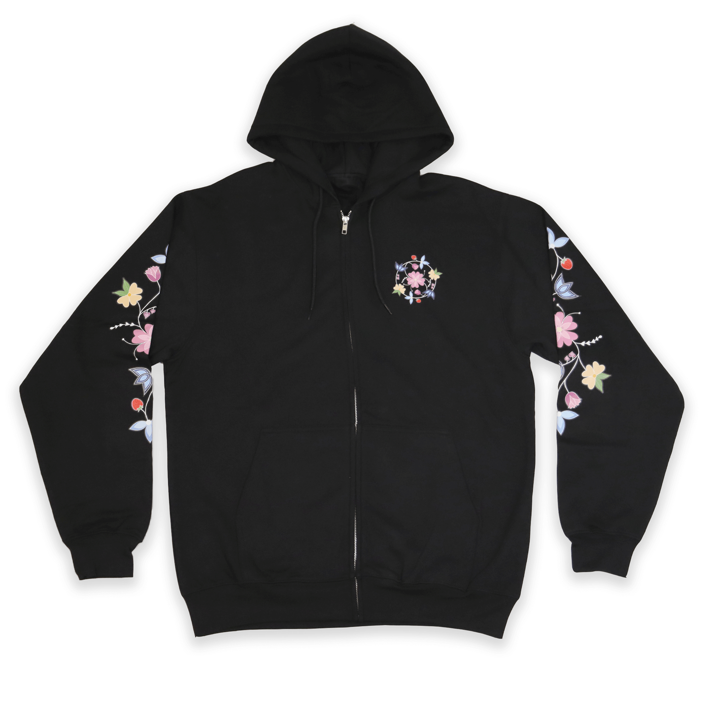 Black McPhee Floral Zip-Up Hoodie with Indigenous floral embroidery front view