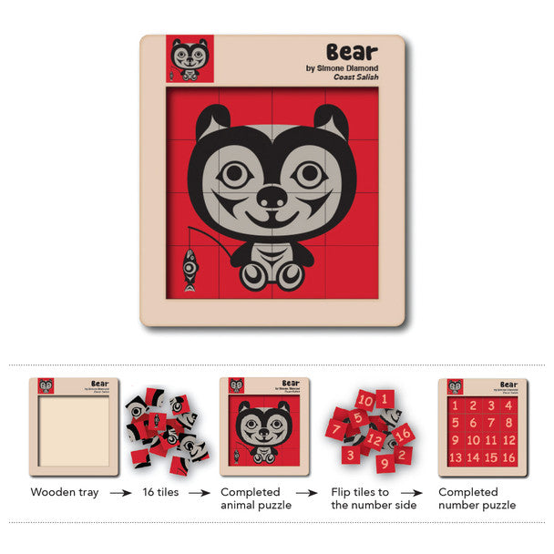 Bear - Double Sided Wooden Tile Puzzle featuring Indigenous bear design and numbers 1–16 for educational play.