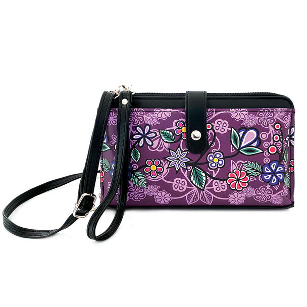 Ojibwe Florals Smartphone Crossbody Bag featuring colorful floral design, zipper closure, and adjustable strap.
