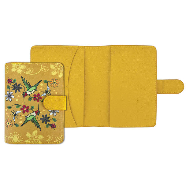 Hummingbird nenookaasi - Passport Holder design featuring vibrant hummingbird artwork and a bright yellow colour.