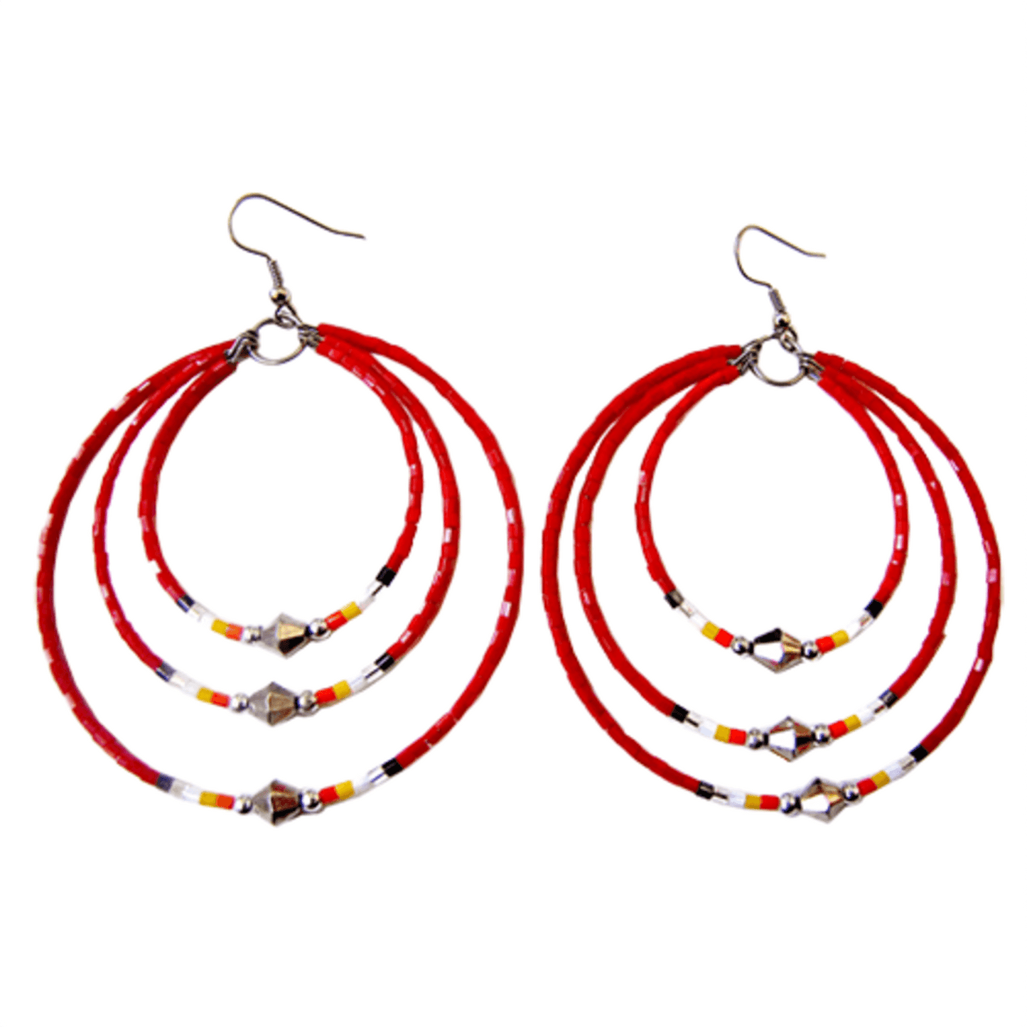 Cut Glass Triple Hoop Earrings featuring three stunning red hoops with intricate bead detailing.