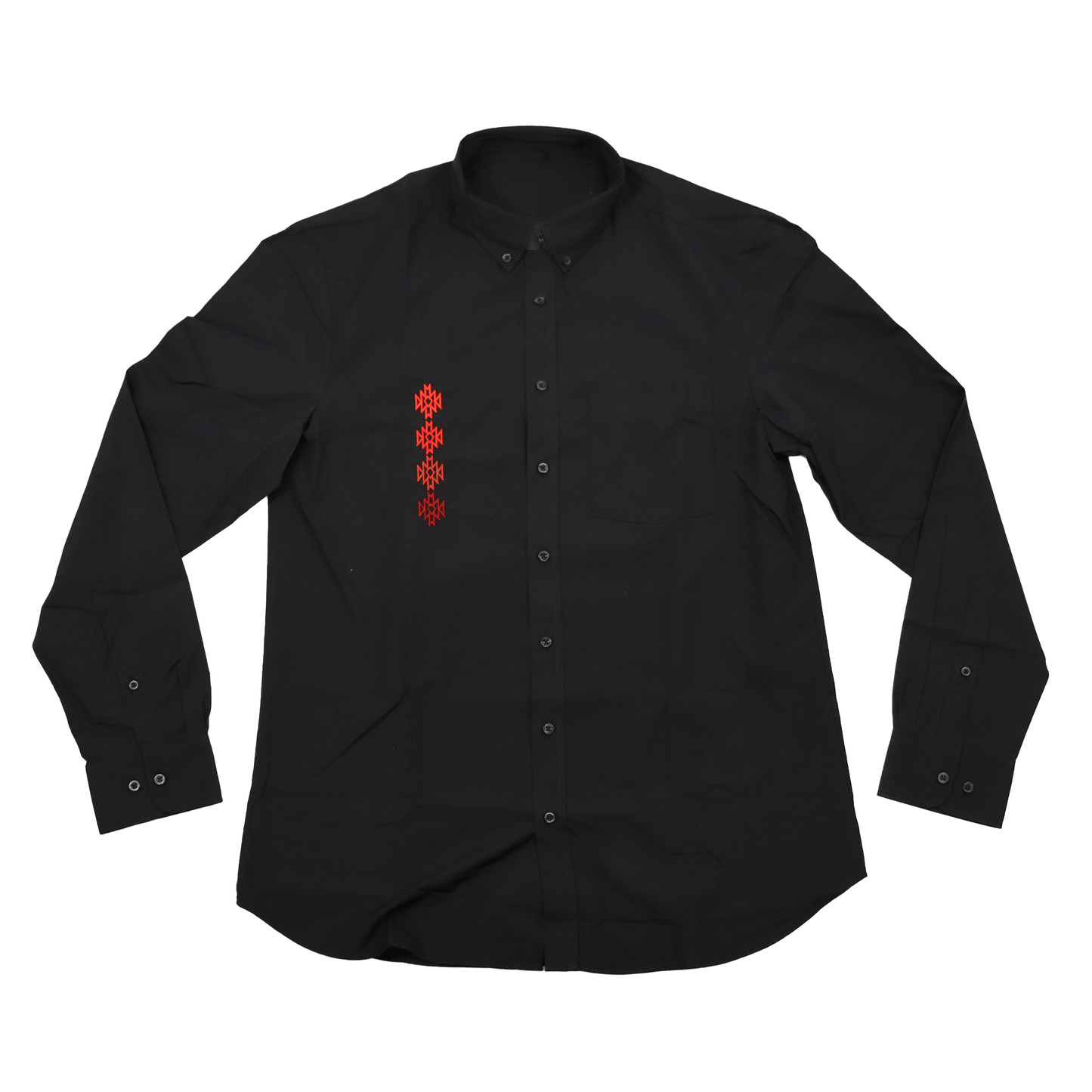 Black Men’s Geometric Embroidered Dress Shirt with detailed embroidery flat lay
