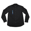 Black Men’s Geometric Embroidered Dress Shirt with red and blue embroidered accents front view