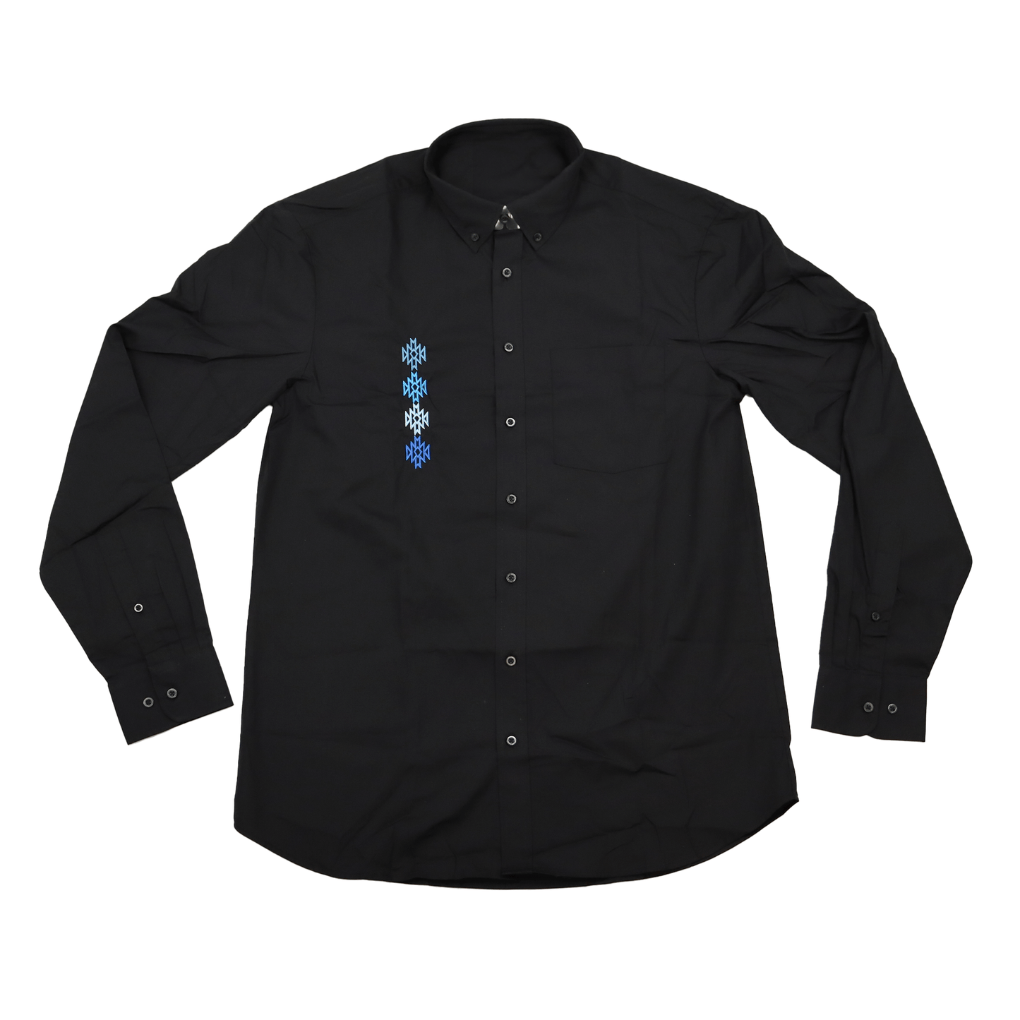 Black Men’s Geometric Embroidered Dress Shirt with red and blue embroidered accents front view