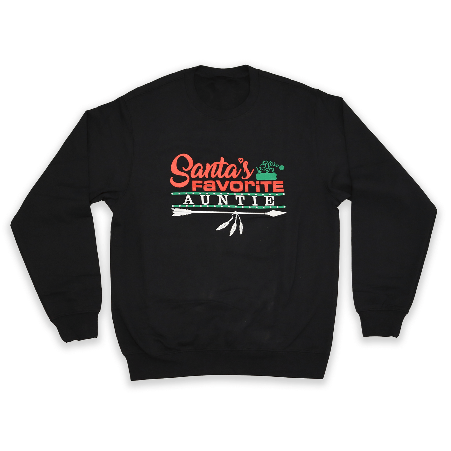 Black Santa’s Favorite Auntie Sweatshirt with holiday red and white lettering front view