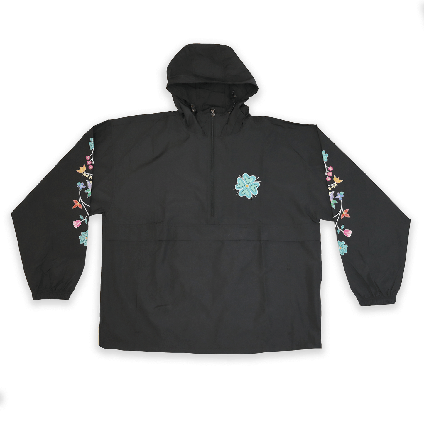 Black Spring Floral Windbreaker with subtle Indigenous floral embroidery front view
