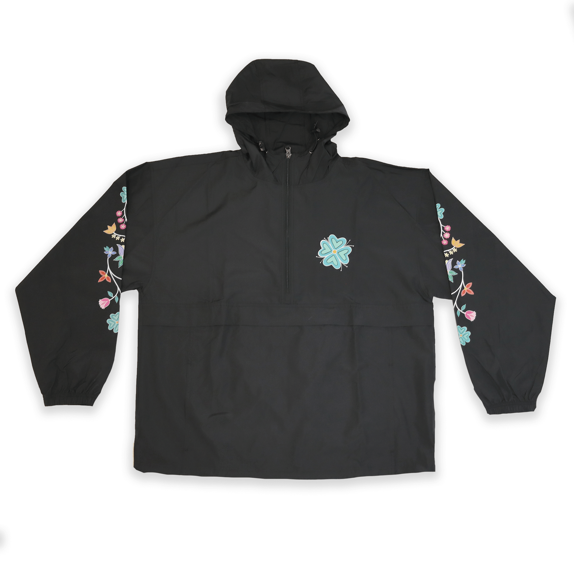 Black Spring Floral Windbreaker with subtle Indigenous floral embroidery front view