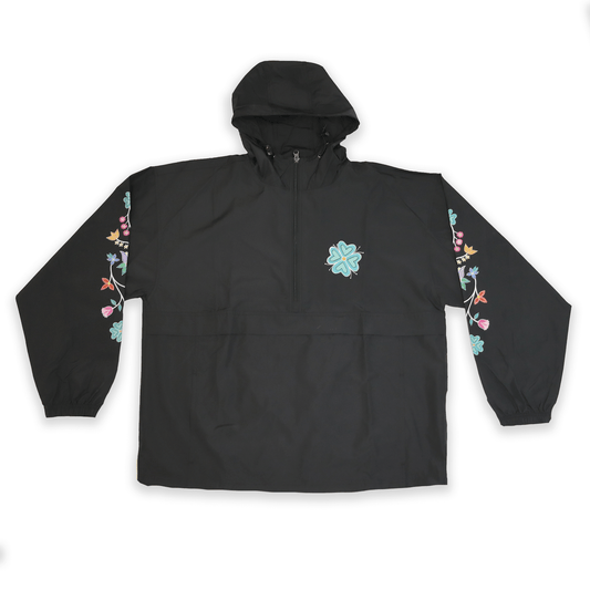 Black Spring Floral Windbreaker with subtle Indigenous floral embroidery front view