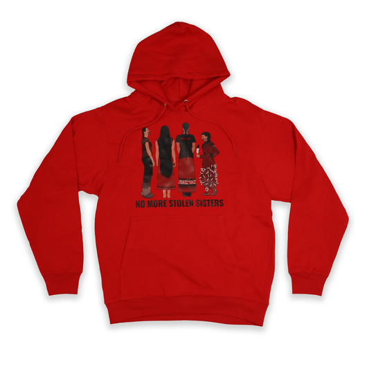 Red Stolen Sisters Hoodie 2023 with black symbolic artwork front view