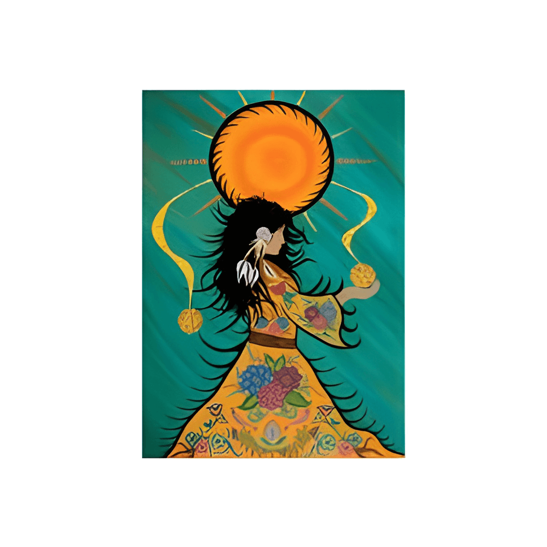 Sun Catcher Note Card featuring abstract artwork by Mi’gmaq artist Tracey Metallic with vibrant colors.