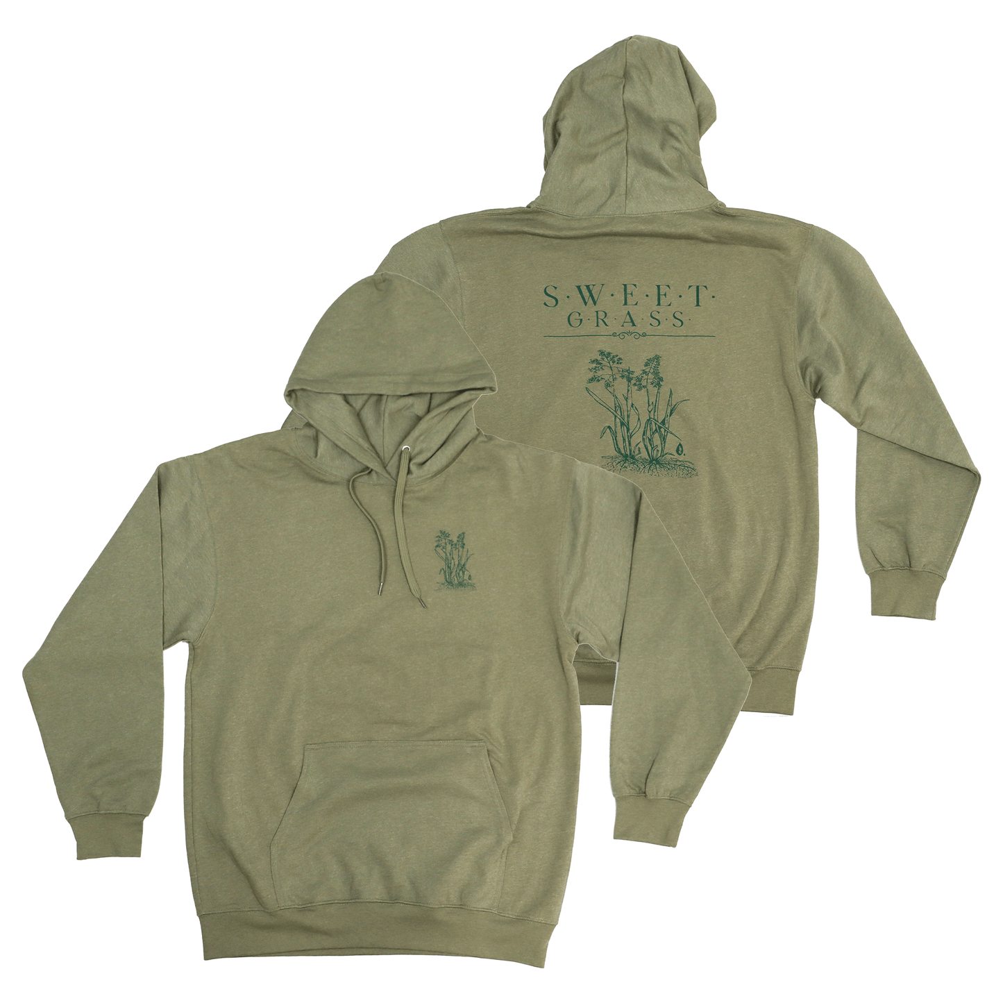 Flat lay front and back view of Sweetgrass Medicine Hoodie with symbolic print design