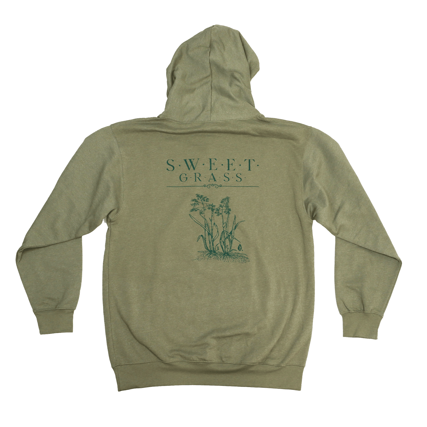Flat lay back view of Sweetgrass Medicine Hoodie with Indigenous cultural artwork