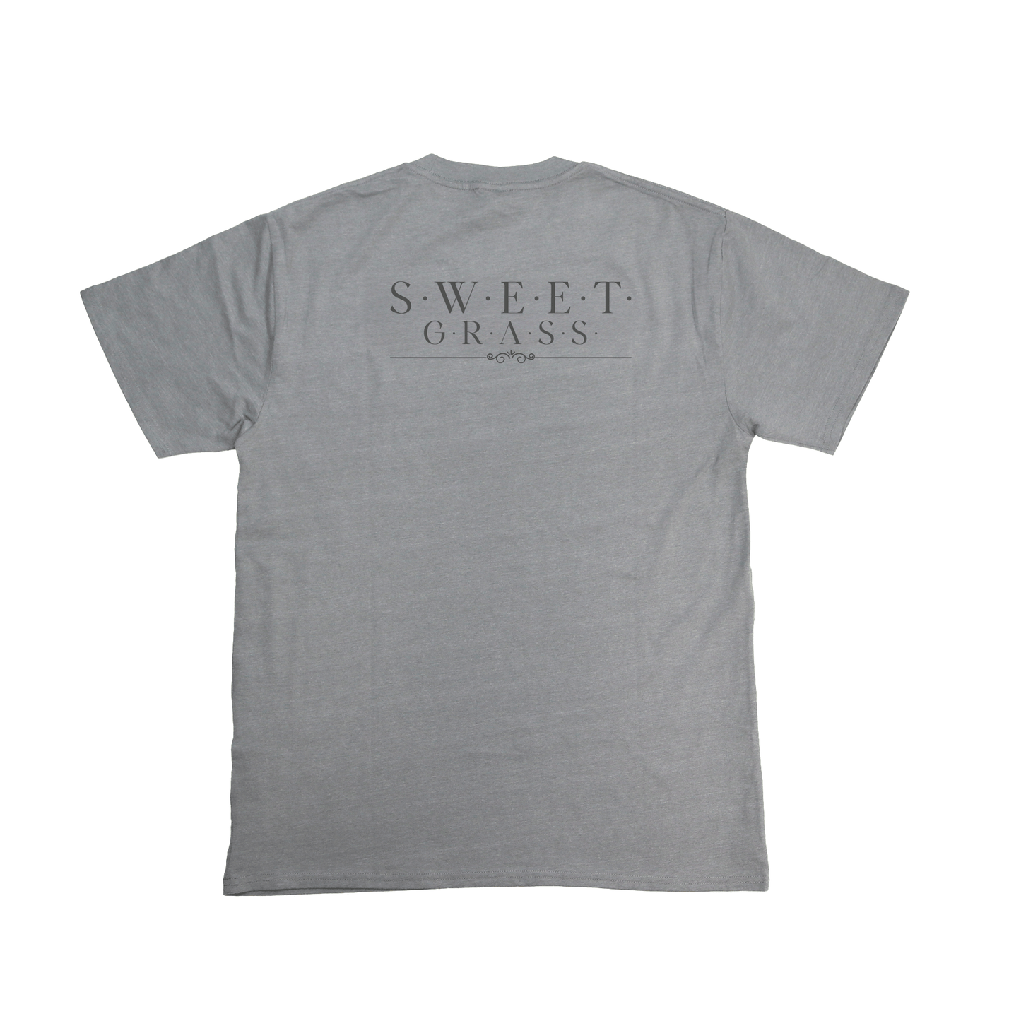 Flat lay back view of Sweetgrass Medicine Tee in grey