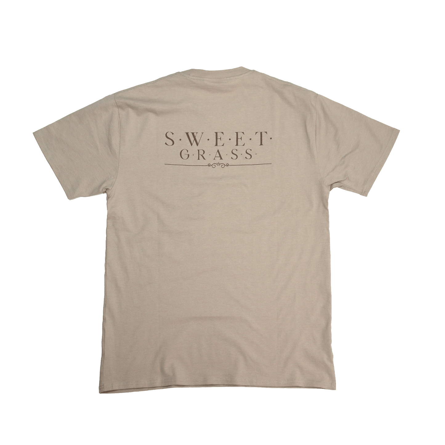 Flat lay back view of Sweetgrass Medicine Tee in beige