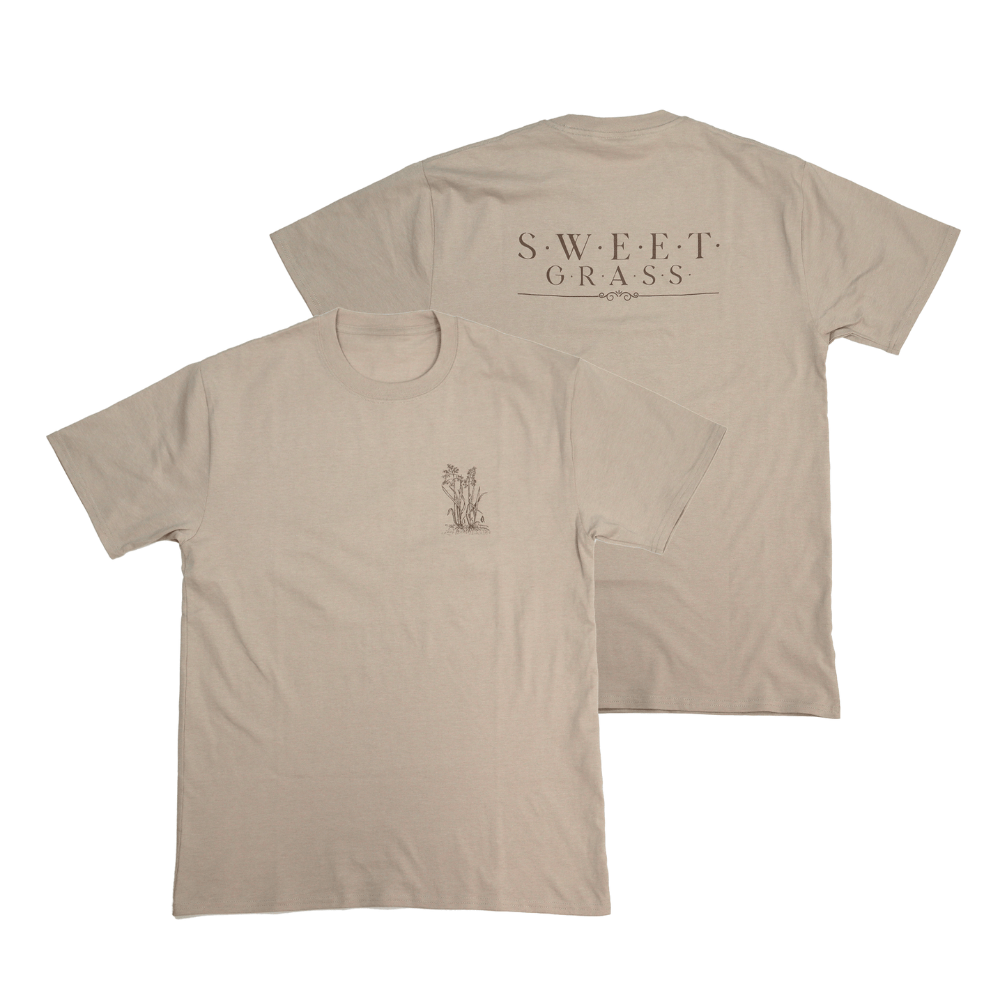 Flat lay front and back view of Sweetgrass Medicine Tee in beige with logo print