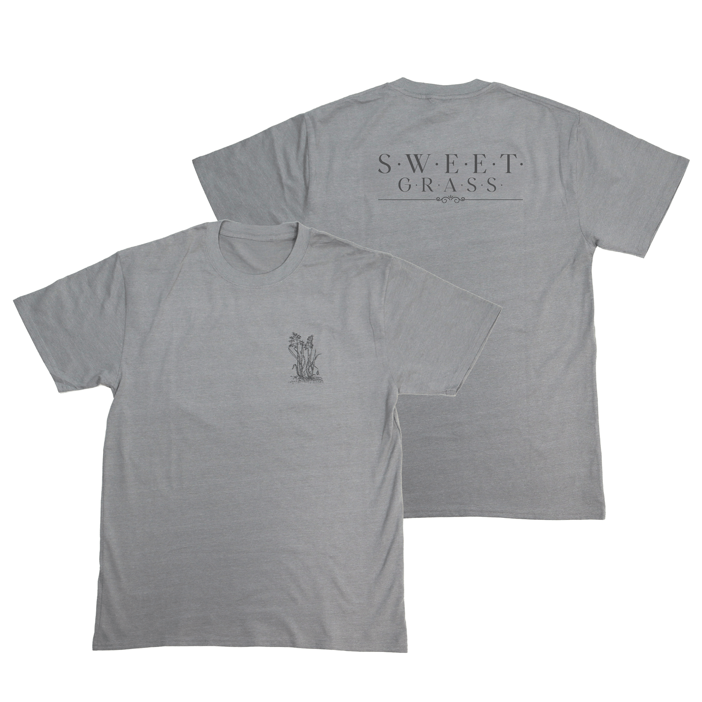 Flat lay front and back view of Sweetgrass Medicine Tee in grey with symbolic text