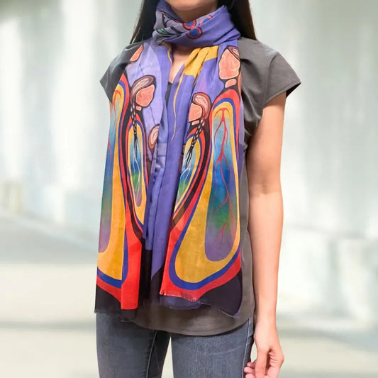 Gifts from Creator eco-scarf with Indigenous artwork – model wearing scarf