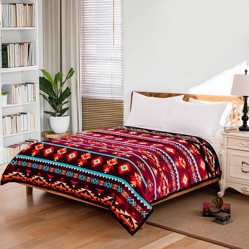 Silk Touch Reversible Blanket Queen in Red Geometric Pattern
