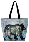 Midnight Bear Tote Bag featuring Carla Joseph's artwork, showcasing a bear silhouette with natural elements.